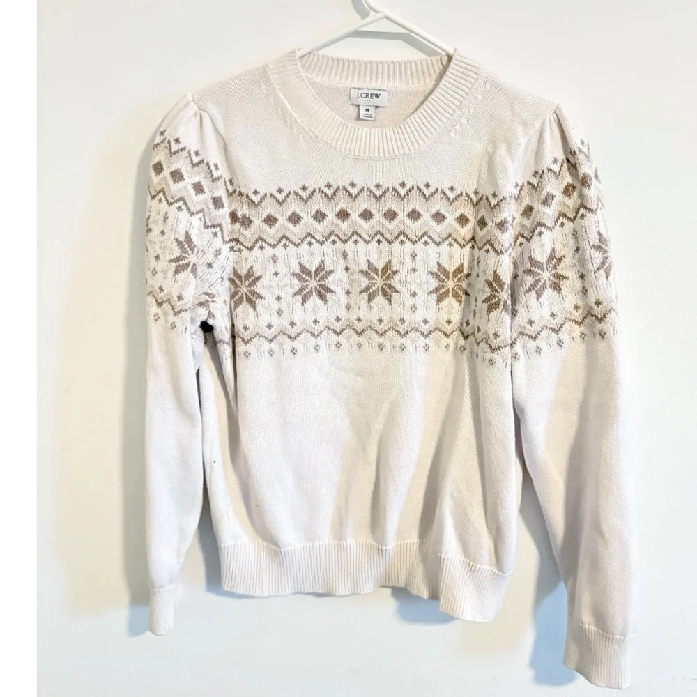 J.Crew Factory 100% Cotton Fair Isle Ivory Brown Crewneck Sweater